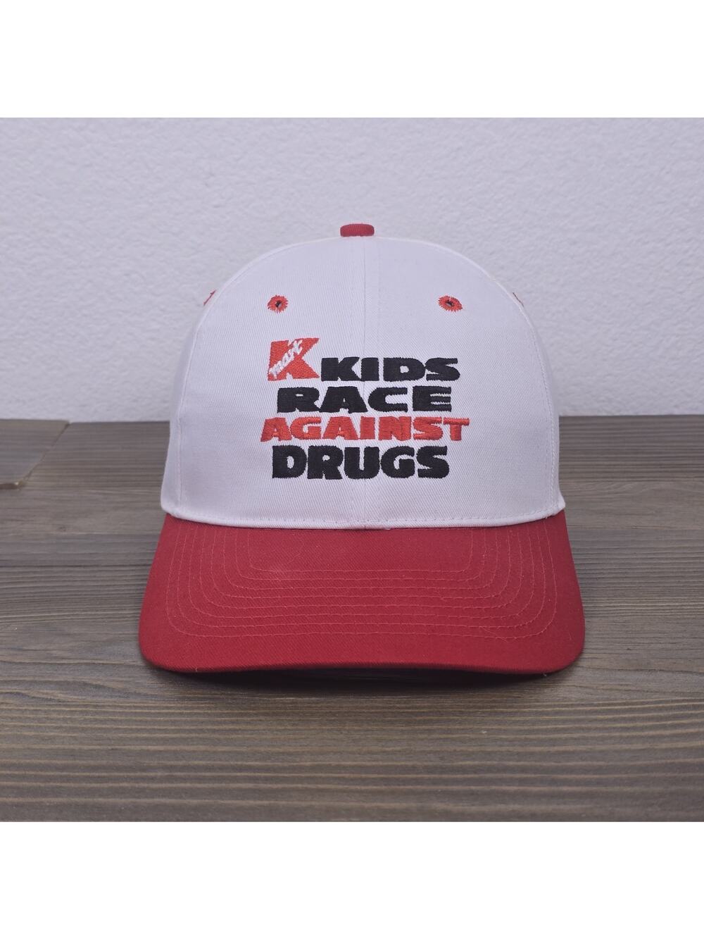 Vintage 90s Kmart Kids Race Against Drugs Hat Cap White Red Snap Back Runs Small